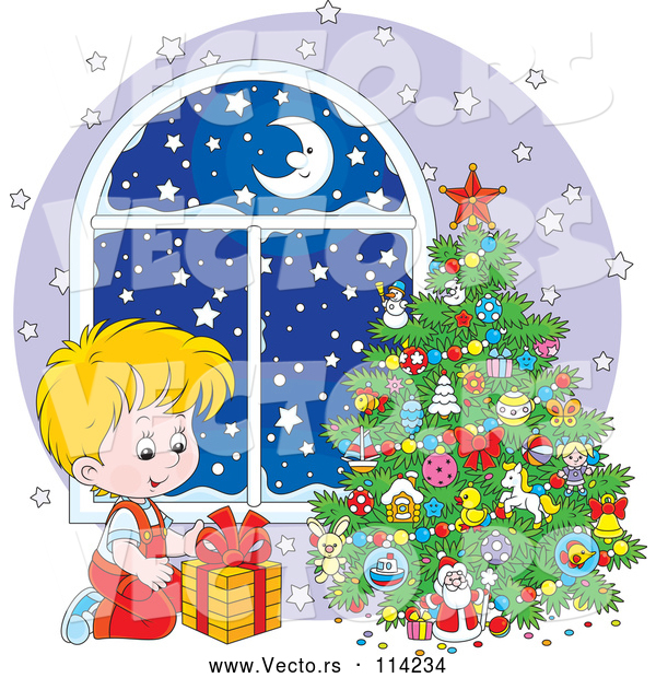 Vector of Blond Caucasian Boy Gazing at a Gift on Snowy Christmas Night