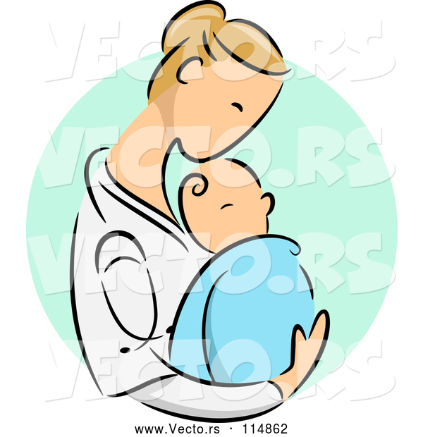 Vector of Blond Caucasian Female Doctor Holding a Newborn Baby over a Green Oval