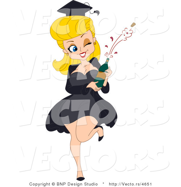 Vector of Blond Graduation Pinup Girl Popping Cork off of Wine Bottle While Winking and Grinning - Cartoon Styled