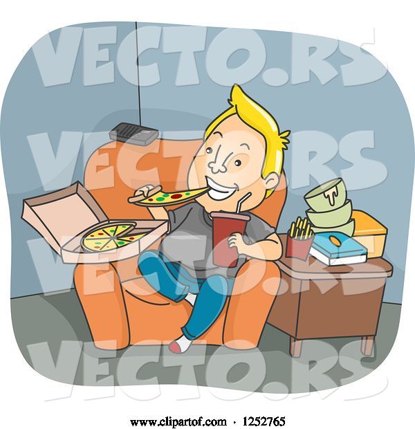 Vector of Blond White Guy Binge Eating Pizza and Junk Food