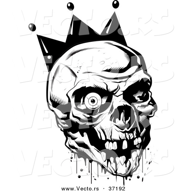 Vector of Bloody Joker Skull Wearing King's Crown - Black and White Line Art