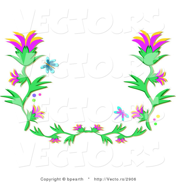 Vector of Blue Butterfly and Dragonfly Flying over Flowering Vines Border Design