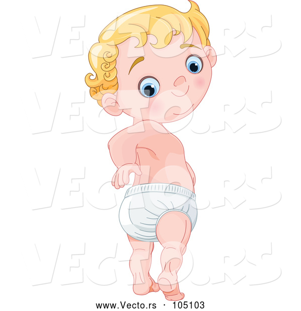 Vector of Blue Eye, Blond Hair Baby Boy Looking Back at His Diaper