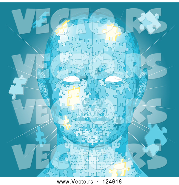 Vector of Blue Human Head with Puzzle Pieces and Light