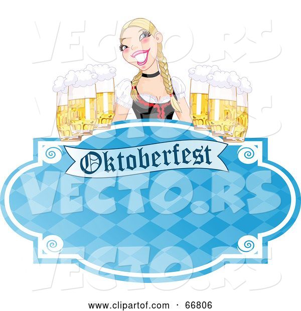 Vector of Blue Oktoberfest Sign with a Blond Lady Serving Frothy Beers