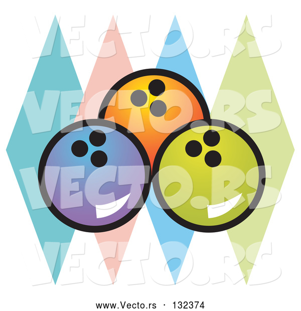 Vector of Blue, Orange and Green Bowling Balls over Colorful Diamonds