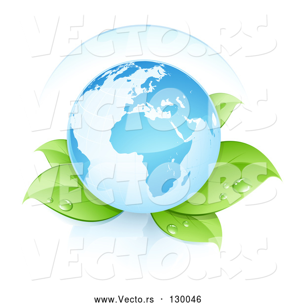 Vector of Blue Planet Earth Resting Gently on Top of Dew Covered Plant Leaves