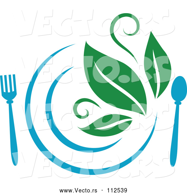 Vector of Blue Plate and Silverware and Green Leaves Vegetarian Food Design