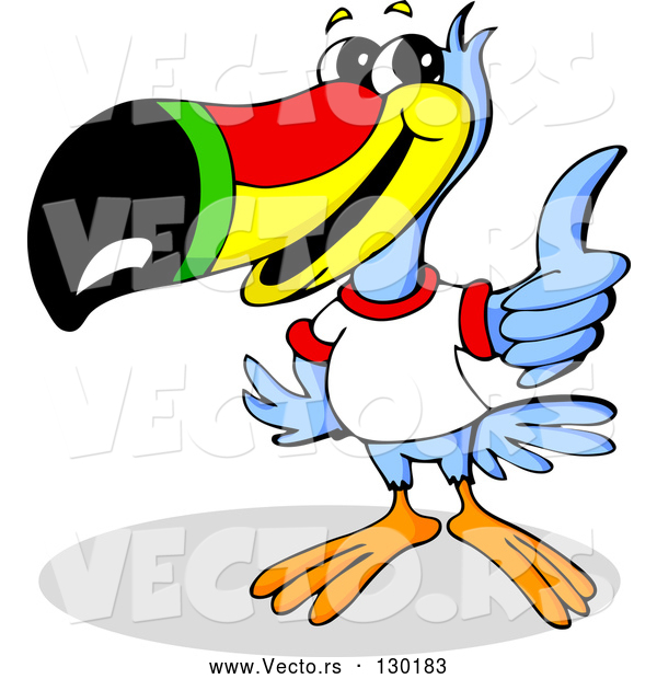 Vector of Blue Toucan Bird with a Red, Yellow, Green and Black Beak, Wearing a White T Shirt and Giving the Thumbs up