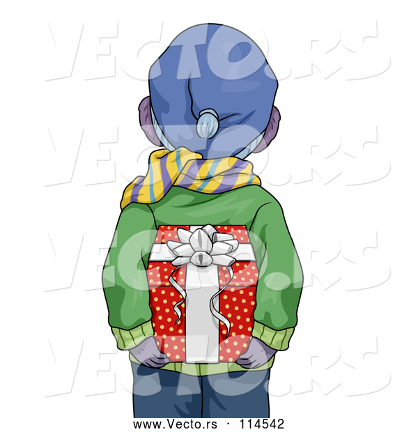 Vector of Boy in Winter Clothes, Holding a Christmas Gift Behind His Back