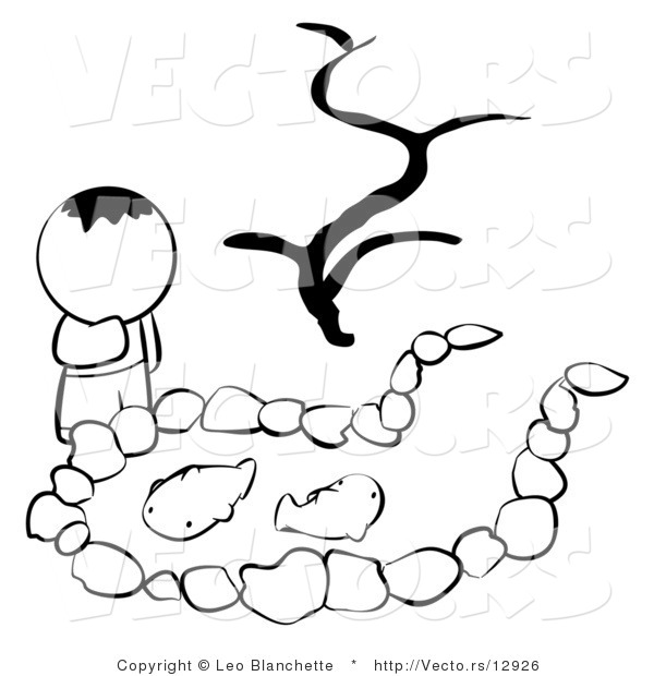 Vector of Boy Looking at a Koi Pond - Coloring Page Outlined Art
