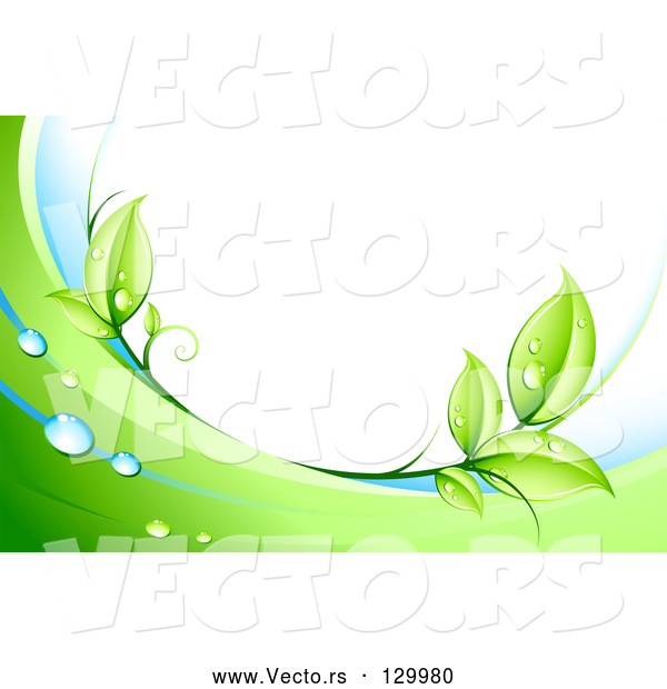 Vector of Bright Green Leaves, Dew and Green and White Waves Bordering a White Background