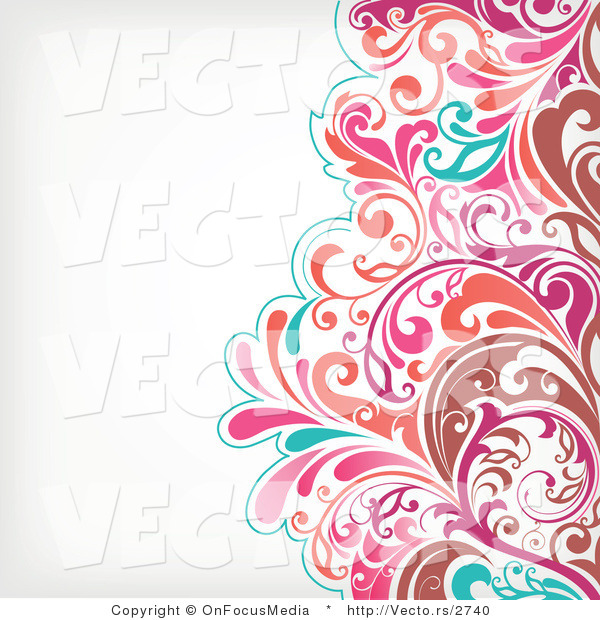 Vector of Brown, Pink and Turquoise Floral Vines Pattern over off White Background Border Design