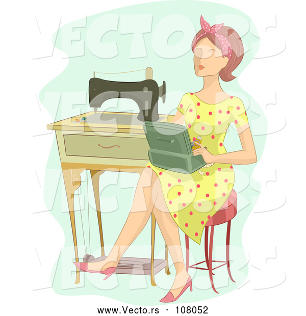 Vector of Brunette White Lady Sitting with a Box by a Vintage Sewing Machine