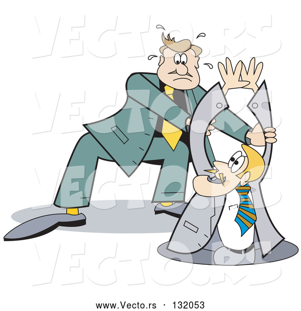 Vector of Business Man Jumping to the Rescue to Save Another Guy Who Is Falling into a Manhole