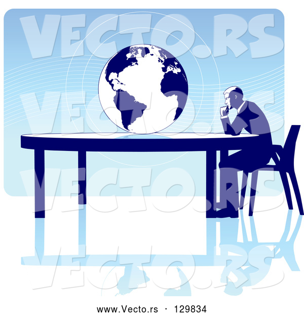 Vector of Business Man Seated at a Table, Facing a Globe over a Blue Background, on a White Surface, Symbolizing Travel, Ecology or International Trade