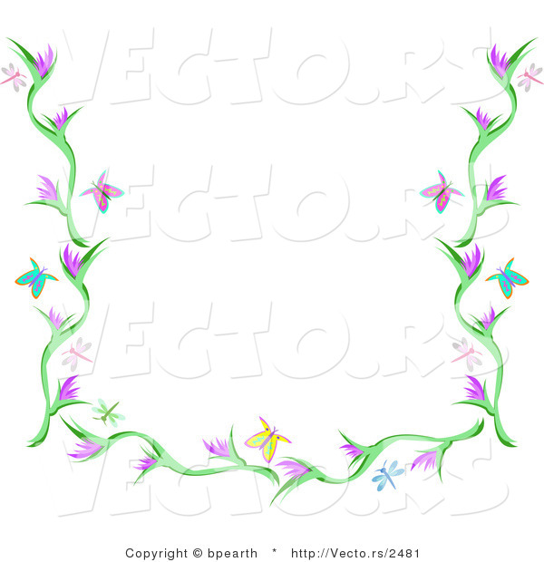 Vector of Butterflies, Dragonflies and Flowers Background Border Design