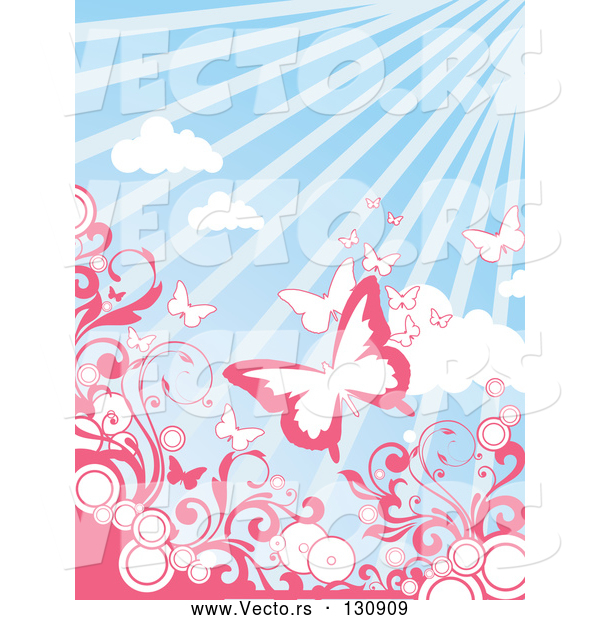 Vector of Butterflies Flying Above Circles and Pink Scrolling Vines over a Sunny Blue Sky Background