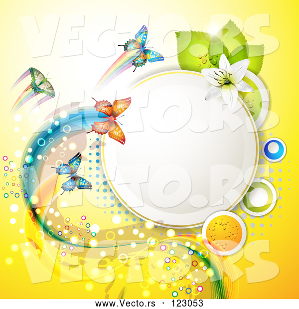 Vector of Butterflies with Trails on Yellow with Dots a Lily and a Circle Frame