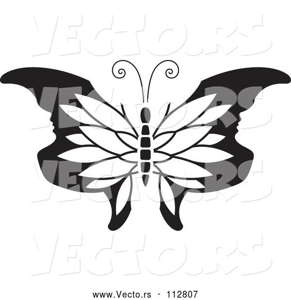 Vector of Butterfly with Petal Patterned and Face Tipped Wings - Black and White Version