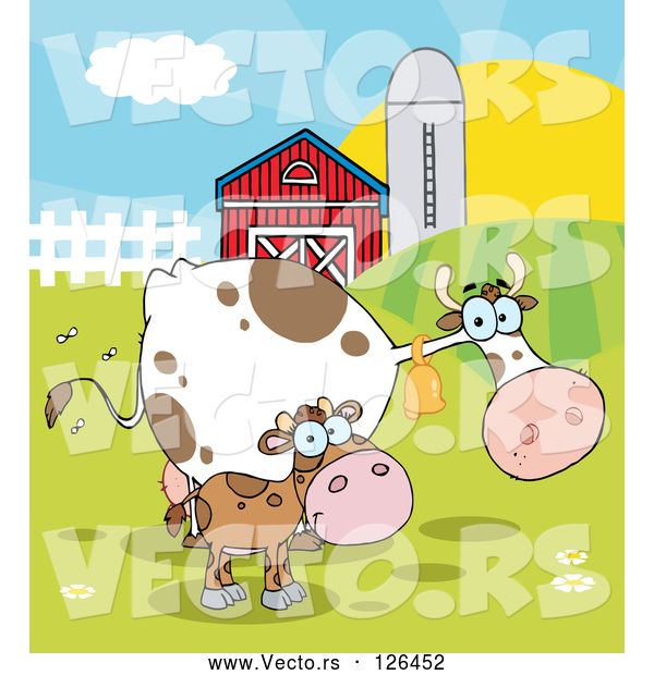 Vector of Calf and Cow in a Pasture near a Barn and Silo at Sunrise