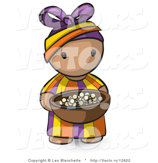 Vector of Cartoon African Girl Carrying Wood Bowl Filled with Food