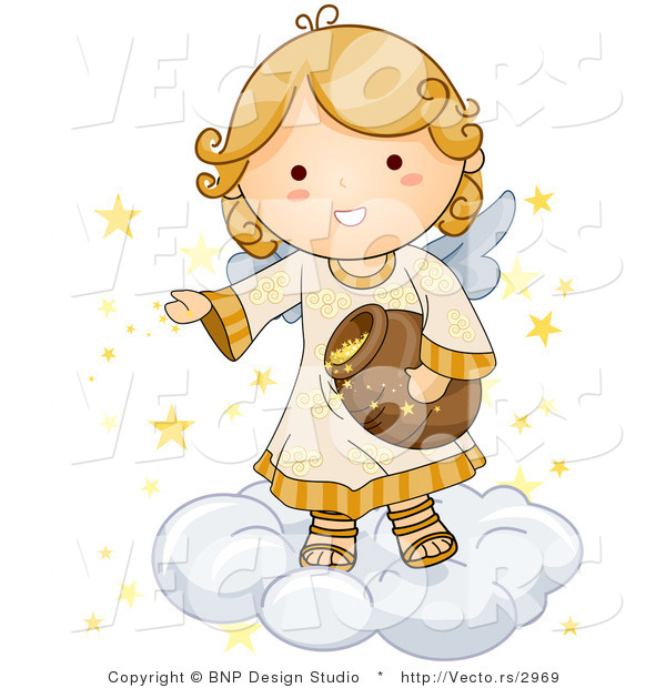 Vector of Cartoon Angel on a Cloud, Putting Stars in the Sky