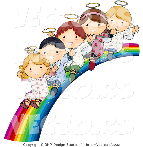 Vector of Cartoon Angels Waving and Riding down Bright Rainbow Slide