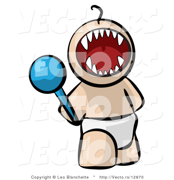 Vector of Cartoon Baby Screaming with Fangs Showing While Holding Rattle Toy