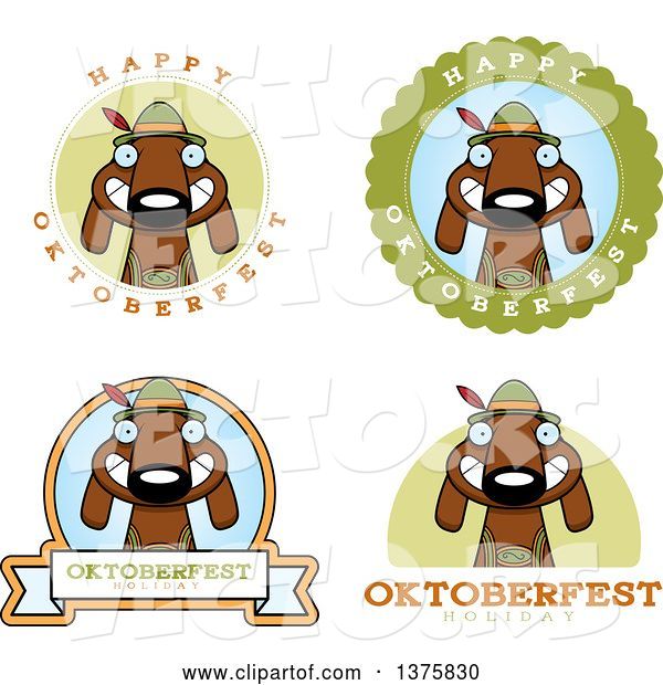 Vector of Cartoon Badges of a German Oktoberfest Dachshund Dog Wearing Lederhosen