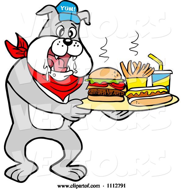 Vector of Cartoon Bbq Bulldog Mascot Drooling over a Tray with a Hot Dog Burger Fries and Soda