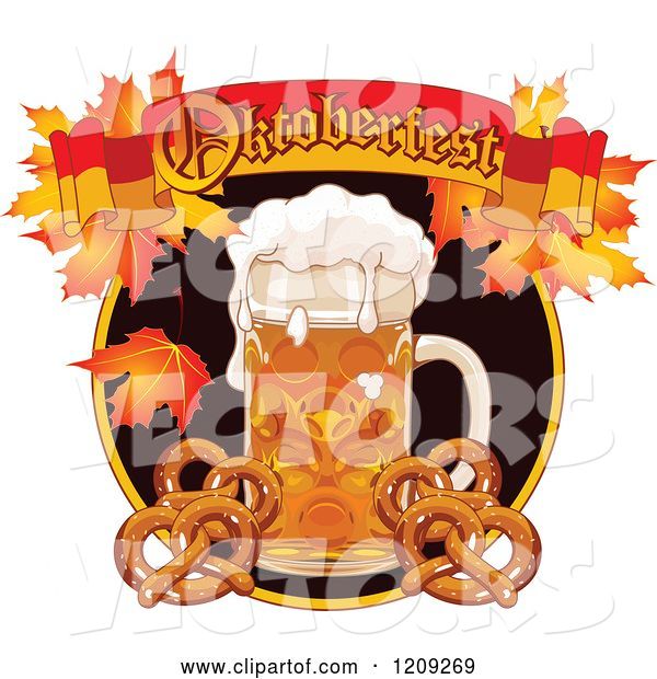 Vector of Cartoon Beer Mug and Soft Pretzels Under an Oktoberfest Banner with Autumn Leaves