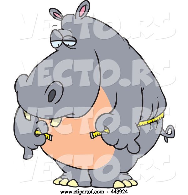 Vector of Cartoon Big Hippo Measuring His Waist with a Short Tape