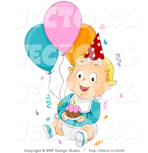 Vector of Cartoon Birthday Baby Boy Surrounded by Confetti, Balloons and Cake