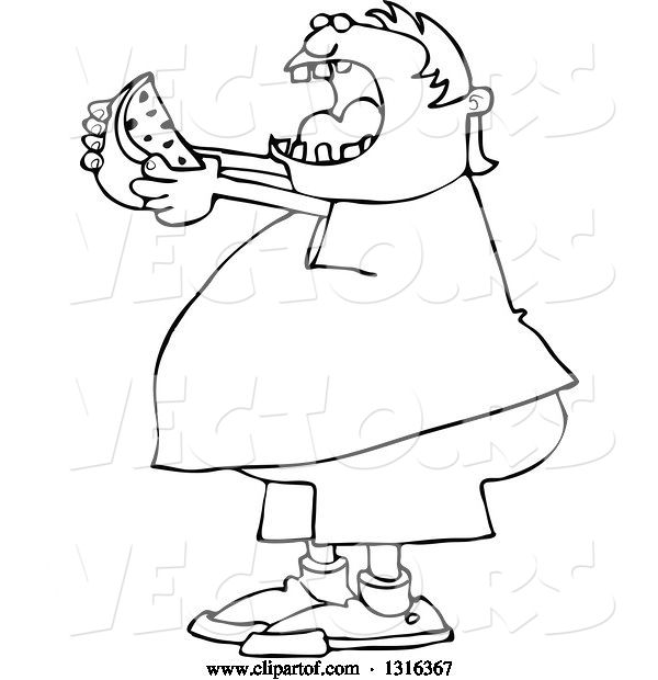 Vector of Cartoon Black and White Chubby Boy Ready to Devour a Watermelon