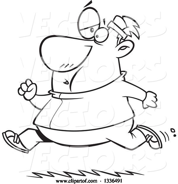 Vector of Cartoon Black and White Chubby Determined Guy Running in a Track Suit