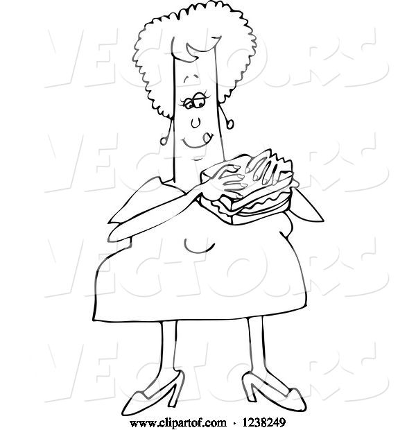 Vector of Cartoon Black and White Chubby Lady Eating a Bologna Sandwich