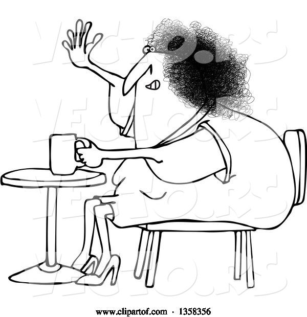 Vector of Cartoon Black and White Chubby Lady Sitting with Coffee at a Table and Waving