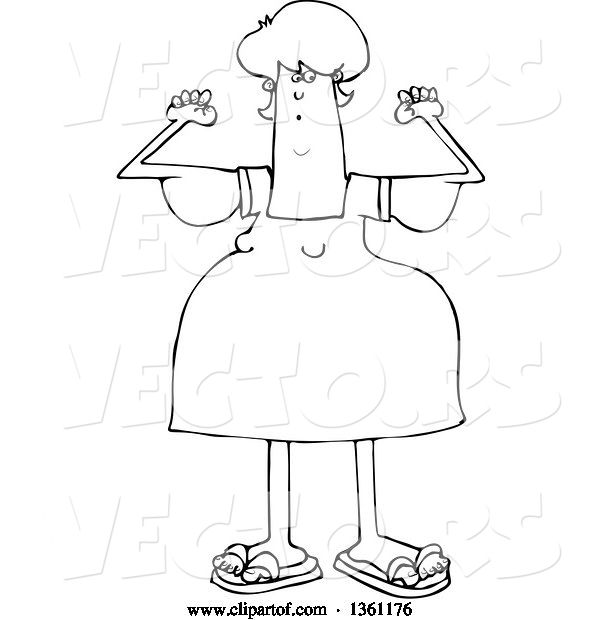 Vector of Cartoon Black and White Chubby Lady with Flabby Arms, Flexing