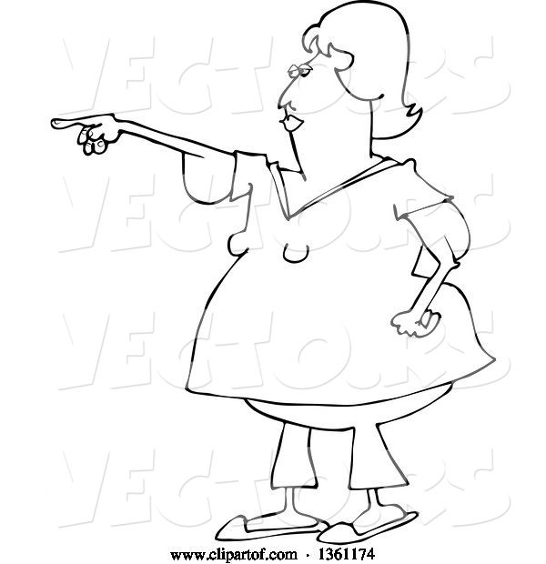 Vector of Cartoon Black and White Chubby Lady with Flabby Arms, Pointing
