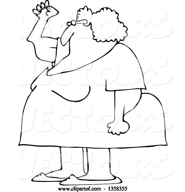 Vector of Cartoon Black and White Chubby Senior Lady Holding up a Fist, with Her Arms Sagging