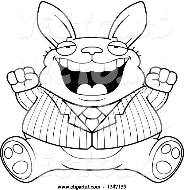 Vector of Cartoon Black and White Fat Business Rabbit Sitting and Cheering