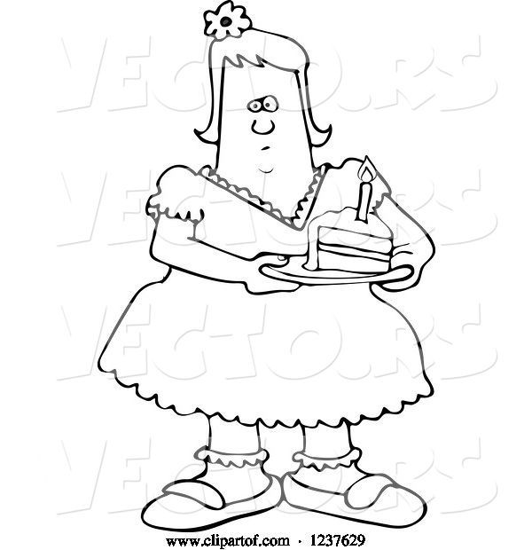 Vector of Cartoon Black and White Fat Girl Holding a Slice of Birthday Cake