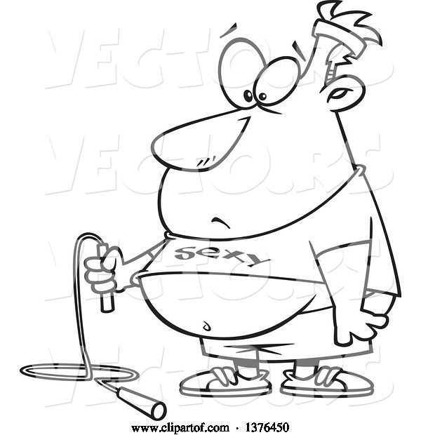 Vector of Cartoon Black and White Fat Guy Holding a Jumprope and Wearing a Sexy Shirt, Ready to Work out