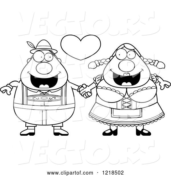 Vector of Cartoon Black and White Happy Oktoberfest Couple Holding Hands Under a Heart
