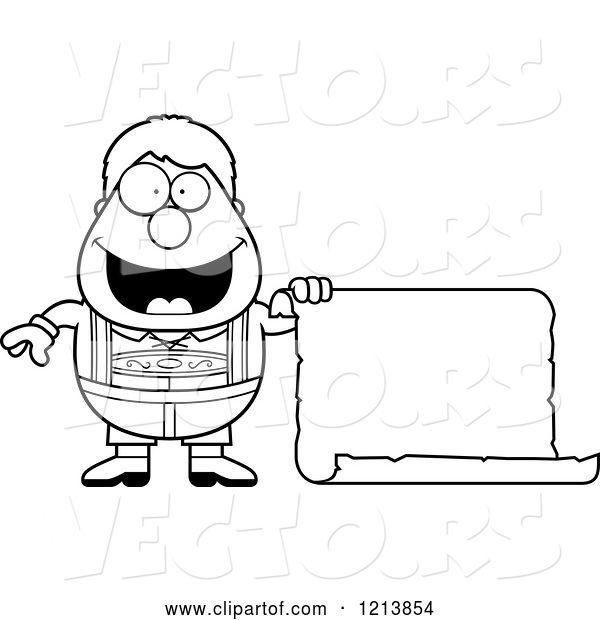 Vector of Cartoon Black and White Happy Oktoberfest German Boy Holding a Scroll Sign