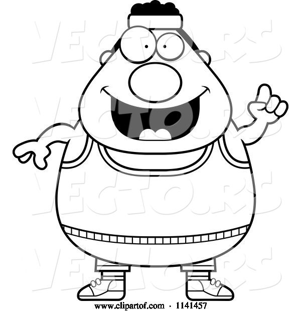 Vector of Cartoon Black and White Happy Plump Gym Guy with an Idea