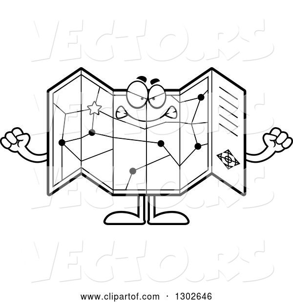 Vector of Cartoon Black and White Mad Road Map Atlas Character Holding up Fists