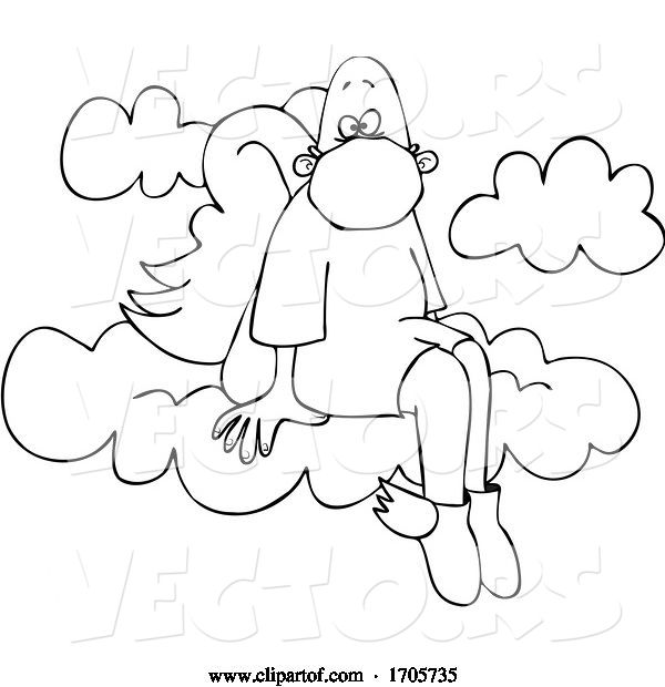 Vector of Cartoon Black and White Male Angel Sitting on a Cloud and Wearing a Protective Medical Mask