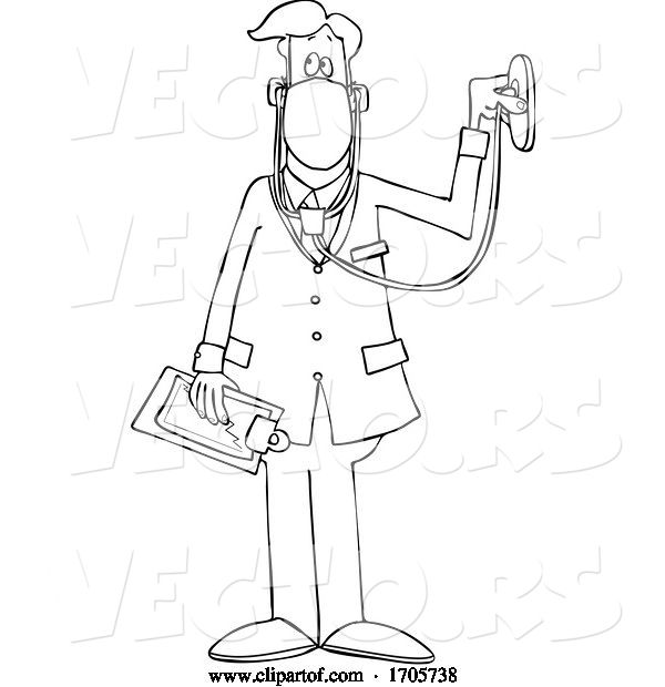 Vector of Cartoon Black and White Male Doctor Wearing a Medical Mask with Stethoscope